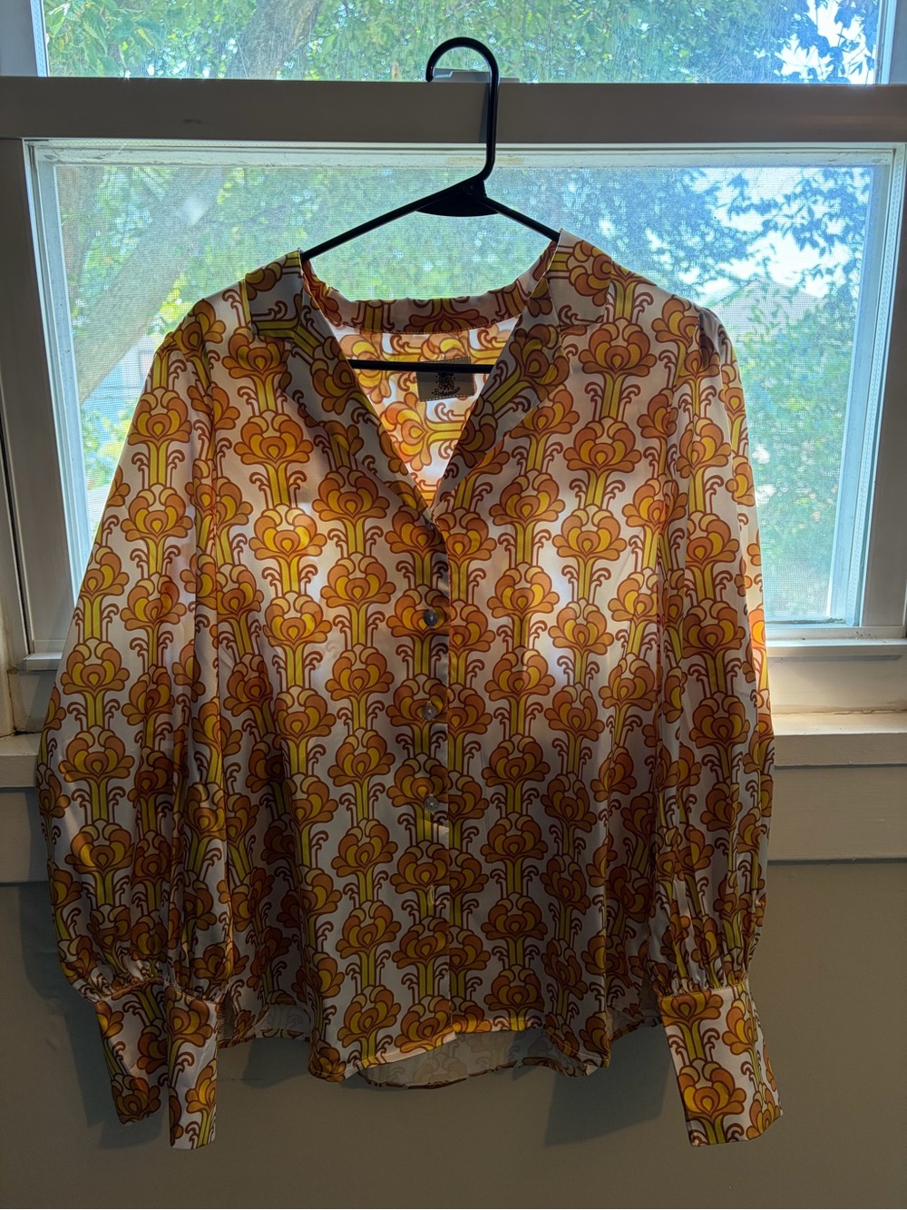 Printed V-Neck Long-Sleeve Blouse - Yellow Floral Pattern